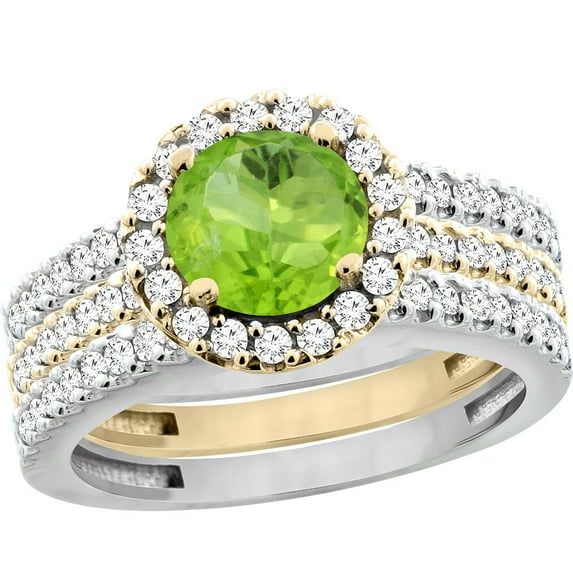 10K Gold Natural Peridot 3-Piece Ring Set Two-tone Round 6mm Halo Diamond, size 5.5