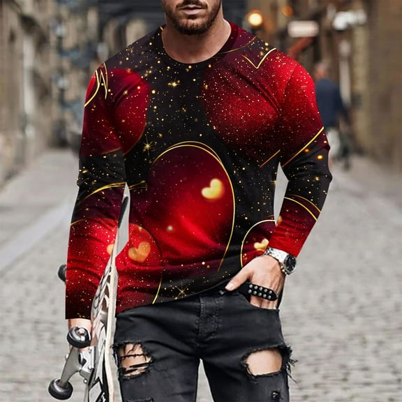 HaoXianJian Valentine's Day T Shirts for Men Cute Heart Print Graphic Tees Casual Long Sleeve Top Funny Pullover Blouse Casual Valentines Gifts Plus Size 2X 3X 4X