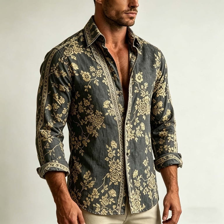 Yusimy Men's Long Sleeve Button Down Shirt Lapel Floral Boho Top Casual Loose Fit Shirts for Daily Holiday Party Business