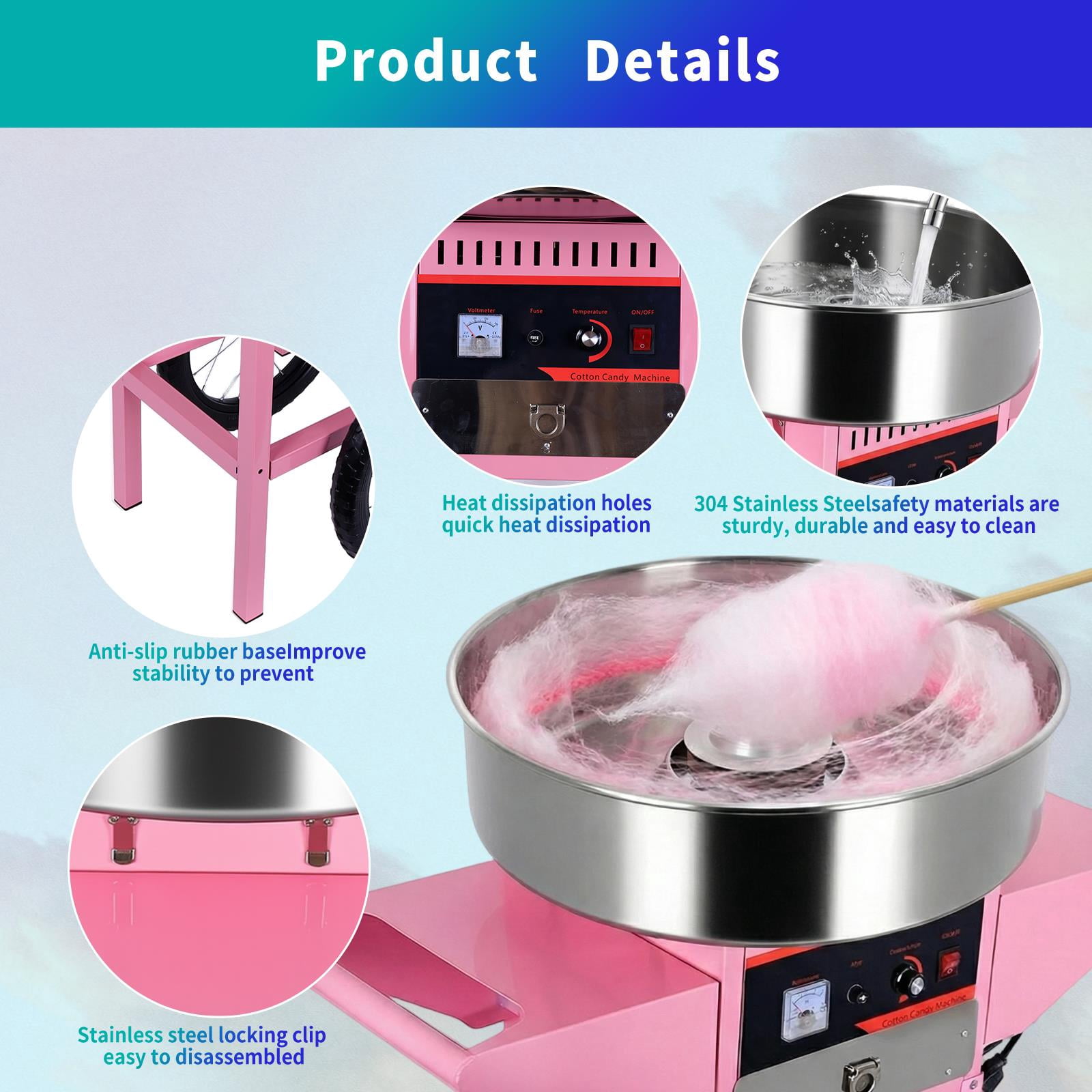 Mobile Cotton Candy Maker,Vintage Candy Floss Maker With Electric 1000W Motor,Rolling Cart With Sugar Scoop And Storage Drawer,Candy Floss Sugar Maker Machine For Commercial Use,Pink