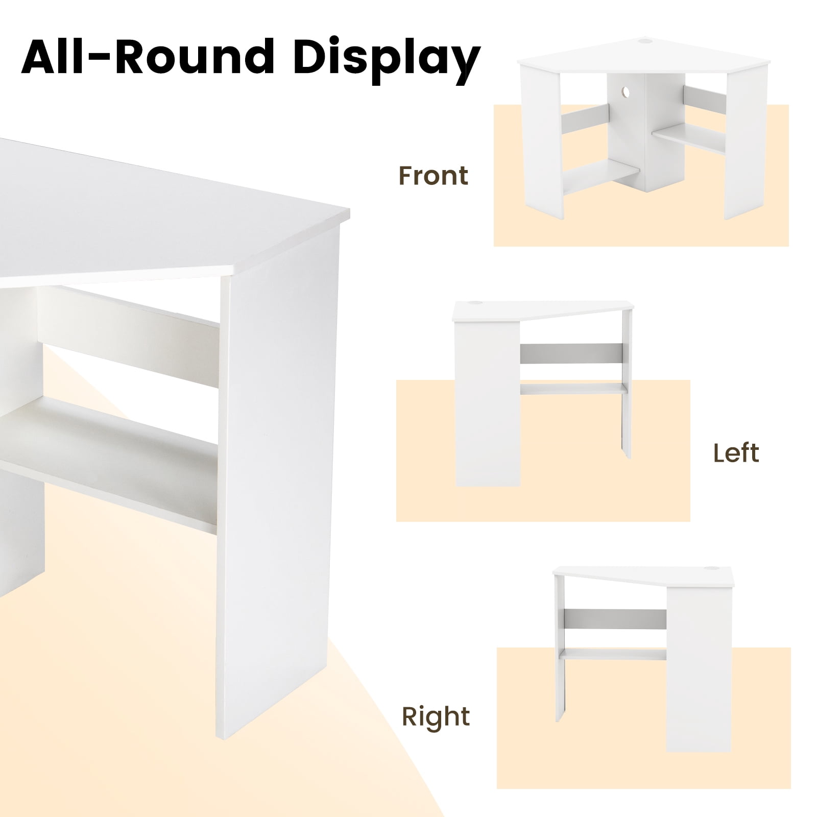 Costway Space-Saving Corner Computer Desk with 2 Cable Management Holes & CPU Stand White