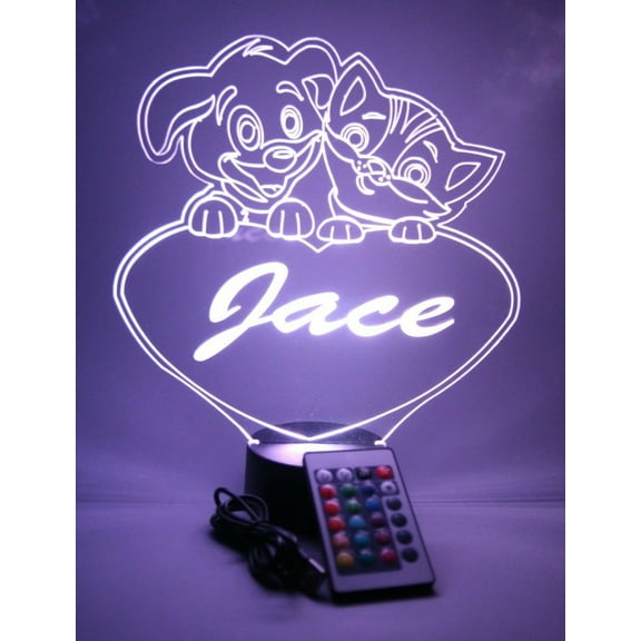 Puppy & Kitty Heart Light Up Lamp LED Personalized Desk Light Engraved Cute Dog & Cat Table Lamp, Our Newest Feature - It's Wow, with Remote, 16 Color Options, Dimmer, Free Engraved, Great Gift