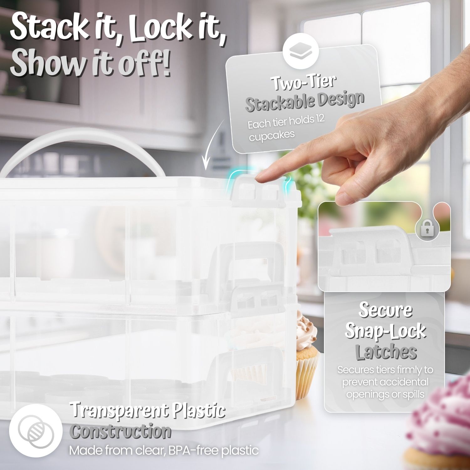 Cupcake Carrier Holder Container Box (24 Slot, 2 Tier) - 24 Cupcakes Slot or 2 Large Cakes Pastry Clear Plastic Storage Basket Taker Courier with 2 Tier Stackable Layer Insert (Clear)