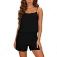 thumbnail image 3 of Yeaiivve Linen Sets for Women 2 Piece Sleeveless Spaghetti Strap Tops & Wide Leg Shorts Lounge Sets Summer Vacation Travel Outfits Black,S, 3 of 7