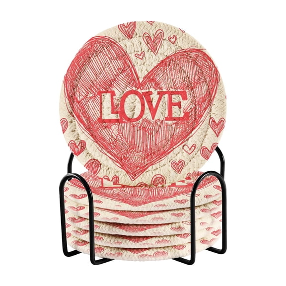 Love Hearts 6 Pcs Drink Coasters with Holder Absorbent Coasters Woven Coasters for Drinks Table Desk Protection Home Decor