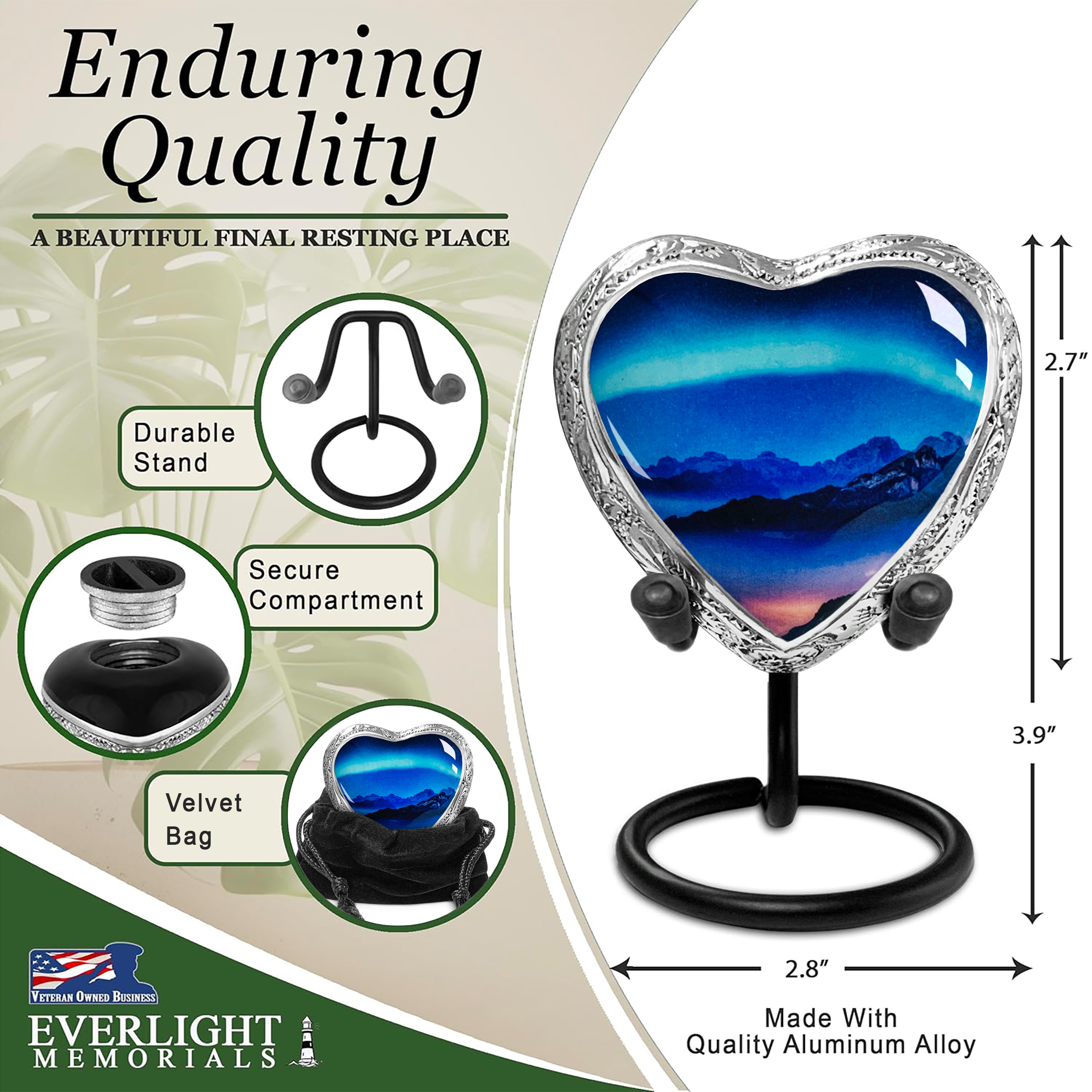 Aurora Borealis Small Heart Shaped Keepsake Cremation Urns for Human Ashes