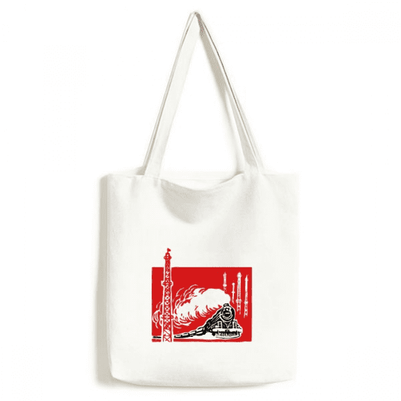 China Train Tower Steam Red Tote Canvas Bag Shopping Satchel Casual Handbag