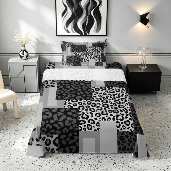 Manfei Leopard Patchwork Twin Sheets, Cheetah Print Bedding, Gray and Black, Black Reversible 3pcs1 Flat Sheet 1 Fitted Sheet 1 Pillowcase