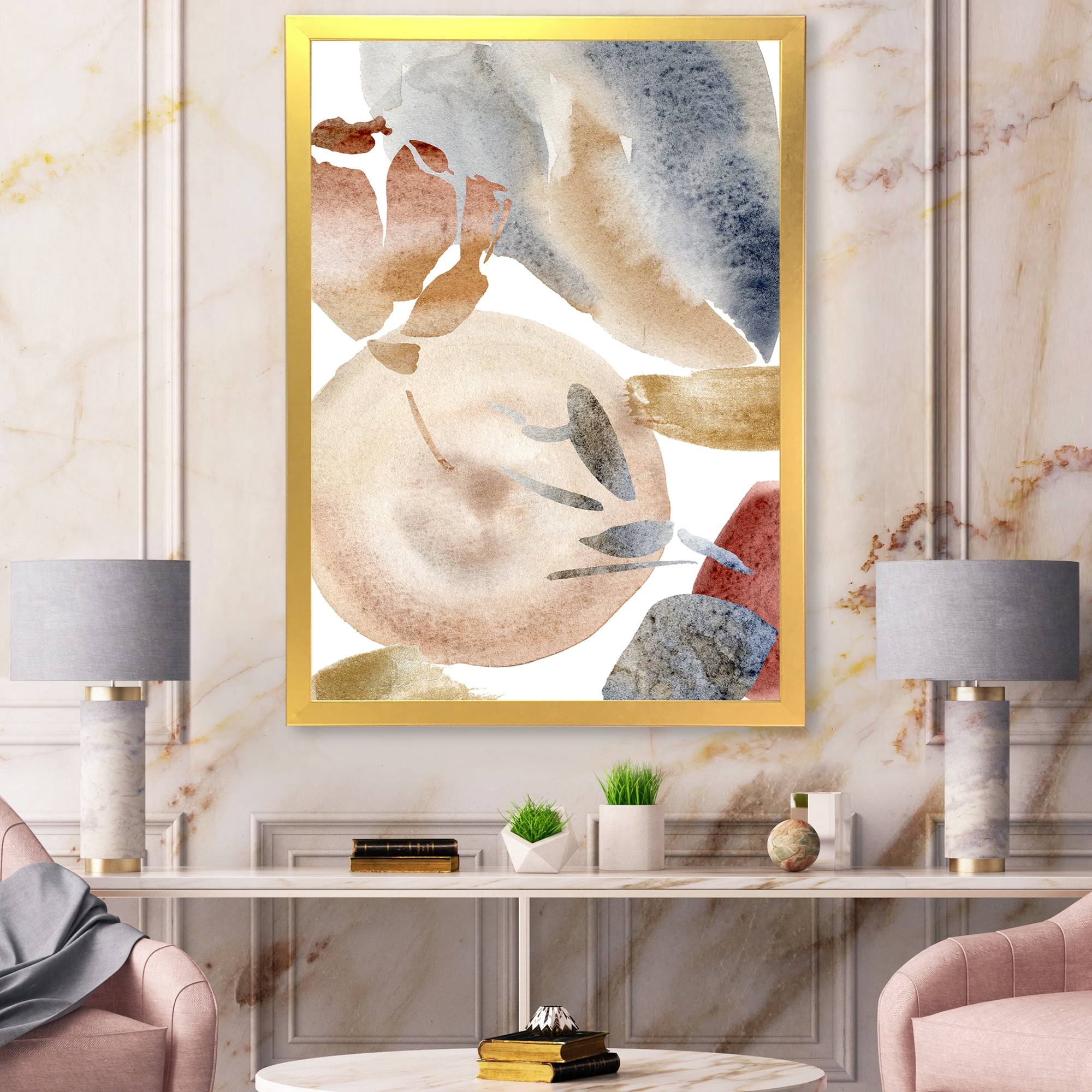 Designart 'Abstract With Red Pink Gold and Beige Spots Pastel' Modern Framed Art Print
