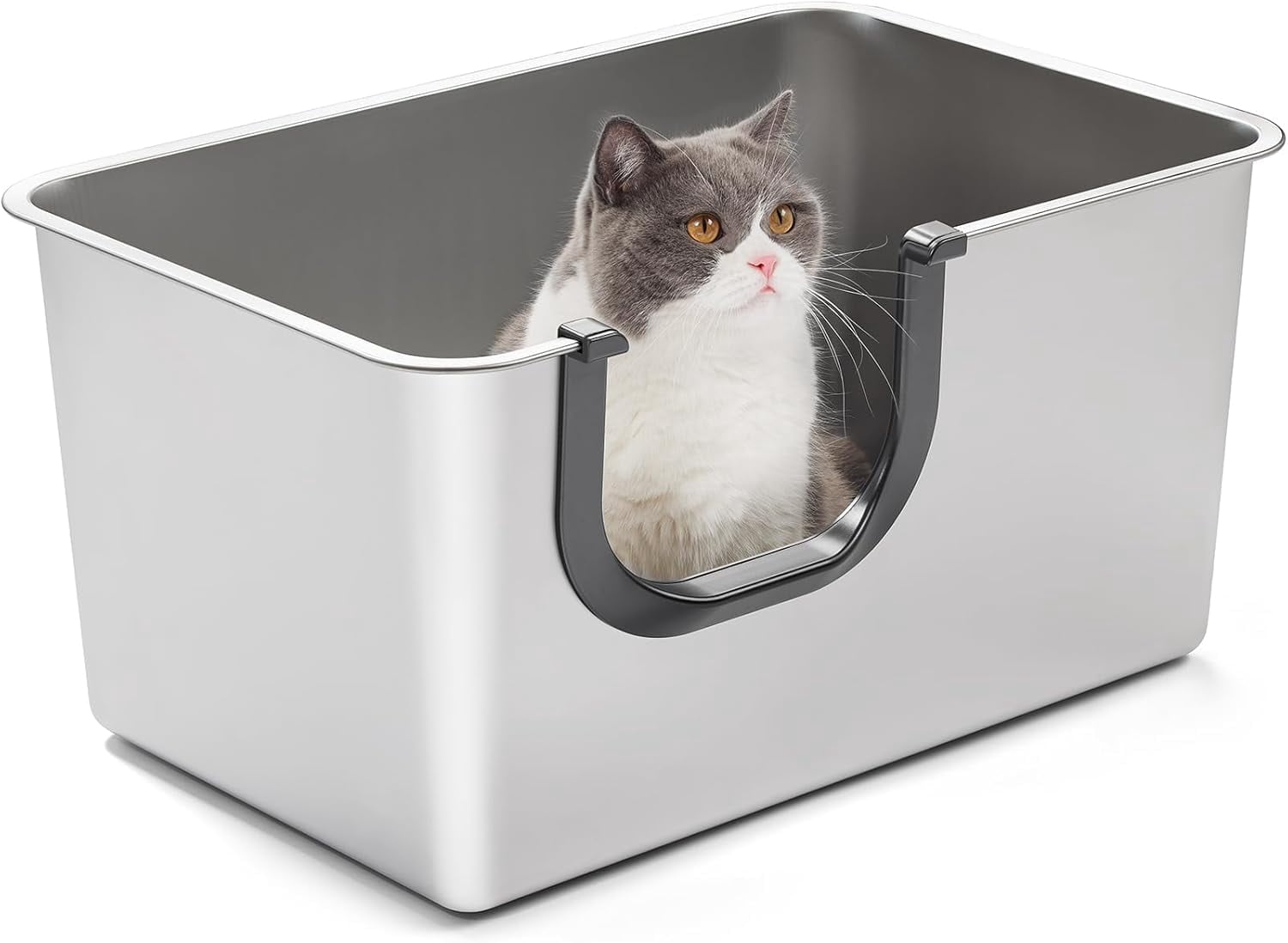 GarveeLife XXL Stainless Steel Cat Litter Box 6" High Sides - Large Tray With Step & Scoop For Big/Multiple Cats