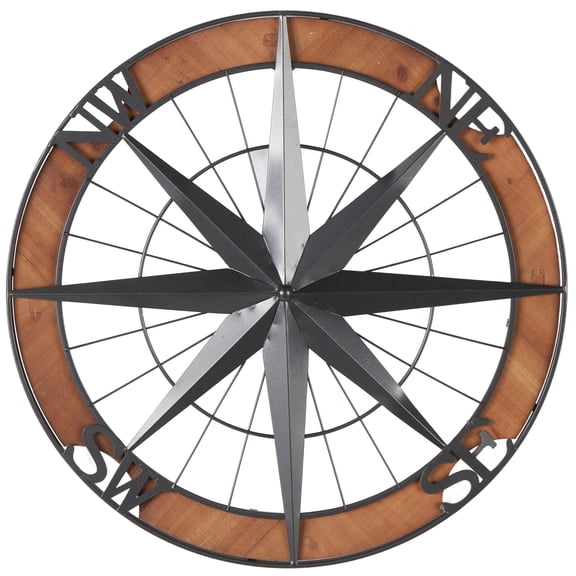 DecMode Gray Metal Compass Wall Decor with Wood Frame