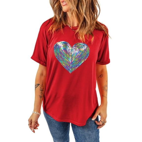 Women's Red Rainbow Sequin Heart Shape Crew Neck T-Shirt - Fun and Casual Graphic Tee | [ZhiHiMeRi] | (US 20-22)2XL