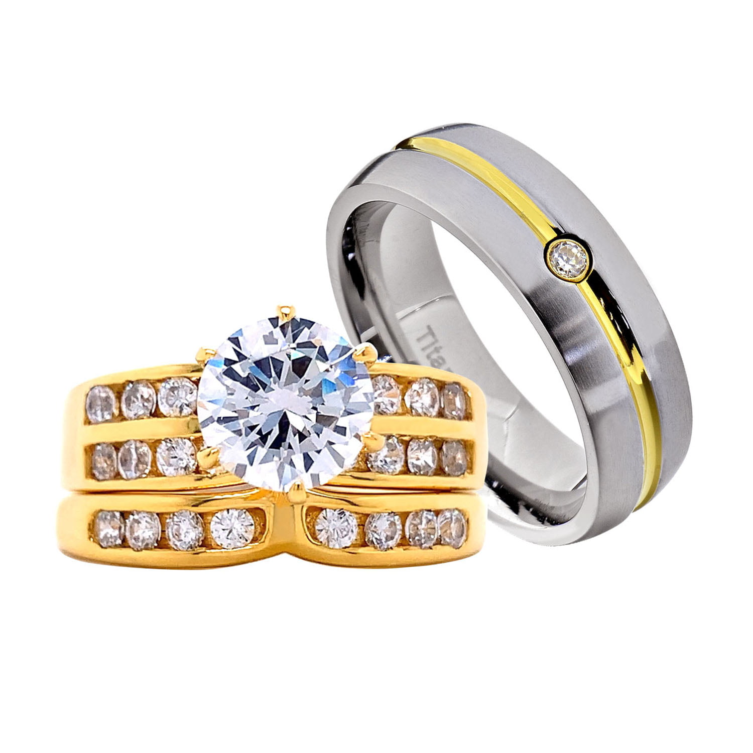 TVS-JEWELS His & Her 3-pc Trio Engagement Wedding Ring Band Set Round Cut White CZ 14k Gold Plated 