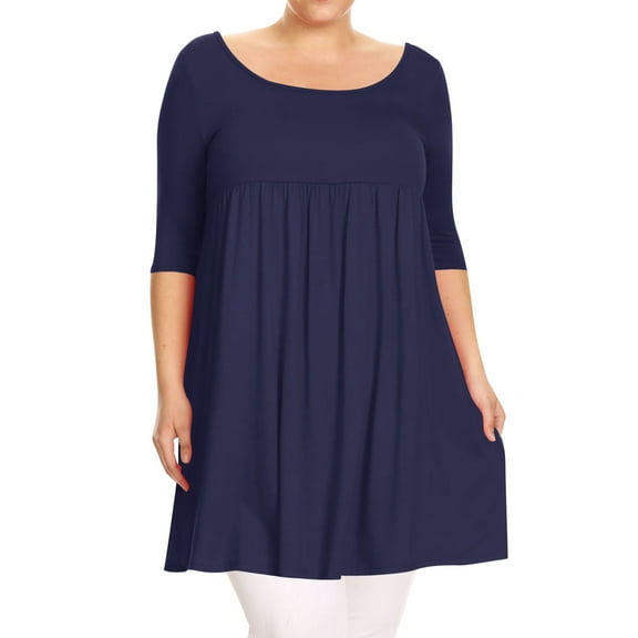 Women's Plus Size 3/4 Sleeves Scoop Neck Babydoll Solid Tunic Top Dress Made in USA