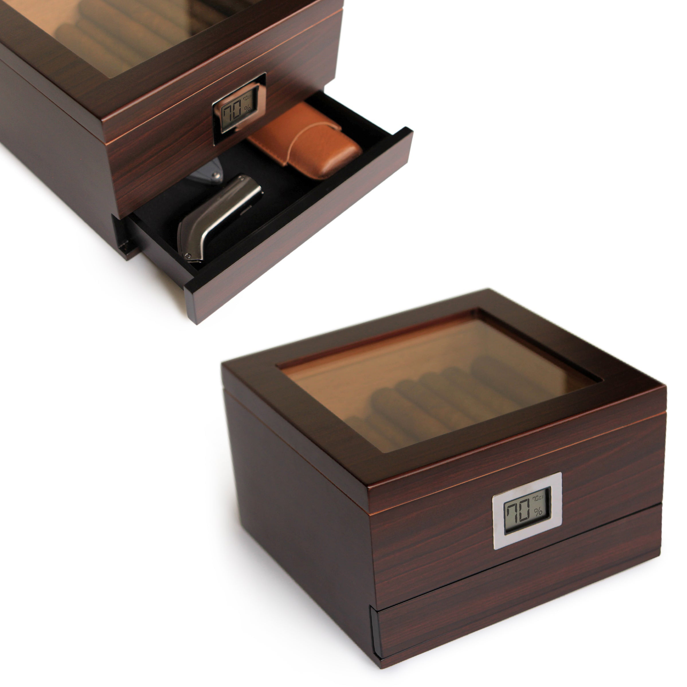 Cigar Humidor Box Hygrometer Humidifier Wood Case Glass Top Cherry Spanish Cedar 