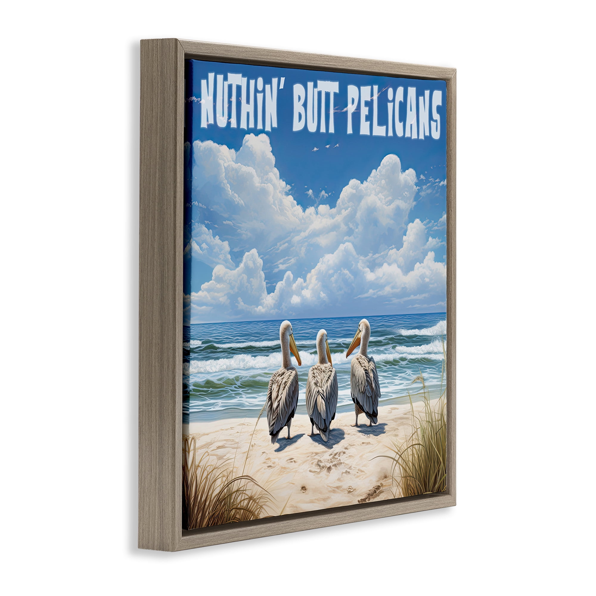 Stupell Industries Nuthin' Butt Pelicans Coastal Painting Brown Floater Framed Canvas Art Print Wall Art, 18 x 18