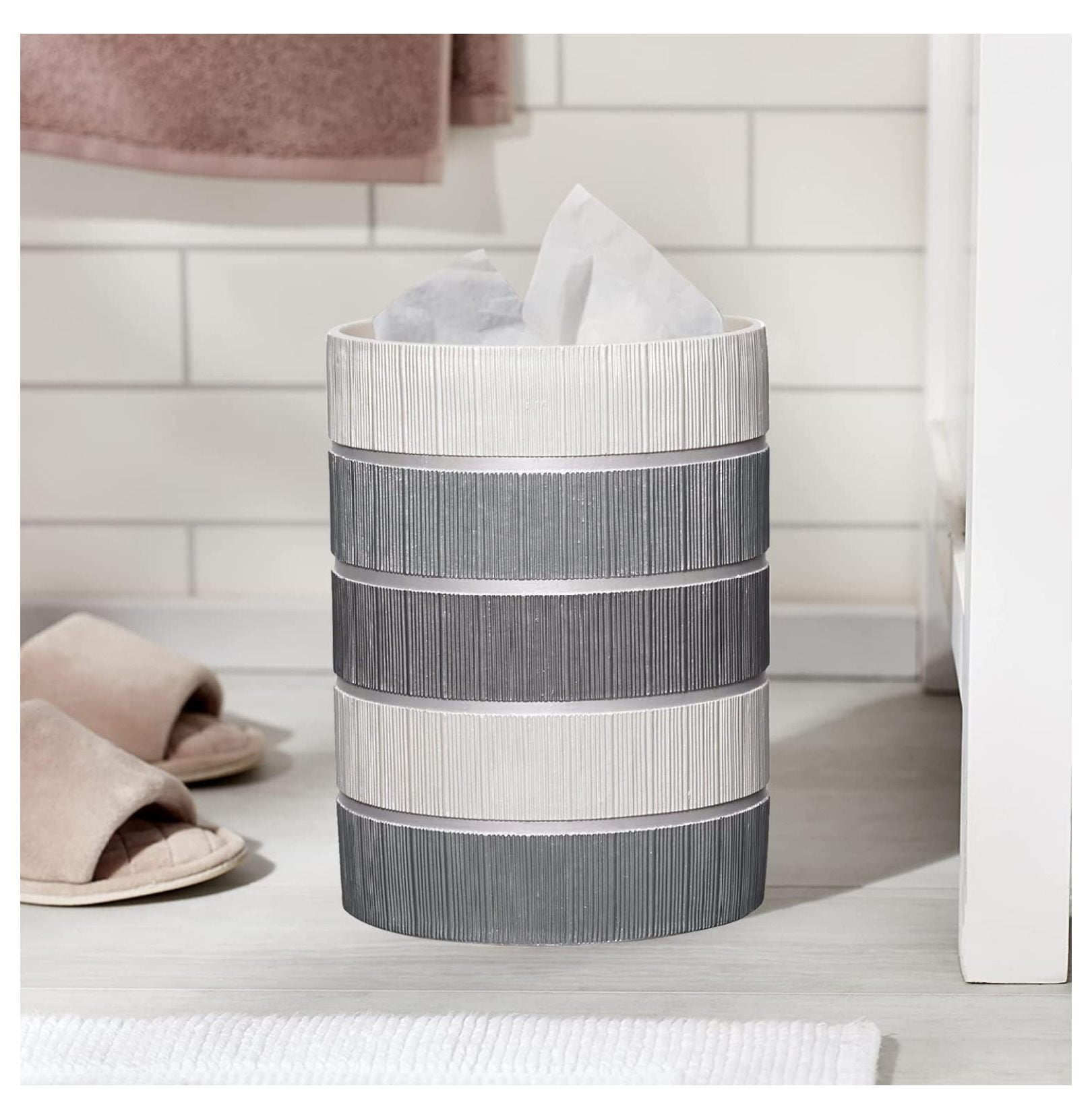 2pc Modern Line Stylish Bath Accessories Set Waste Basket & Square Tissue Box Cover Classic Contemporary Decorative Beautiful Designs Gray Bathroom Decor Set for Home Modern Bath Set