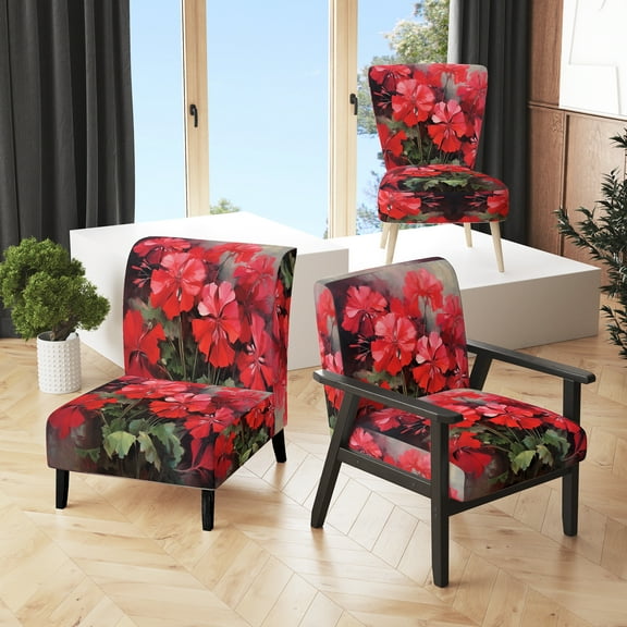 Designart "Euphony of Red and Green Geranium Flowers II" Red Floral Upholstered Accent Chair - Traditional Arm Chair For Bedroom