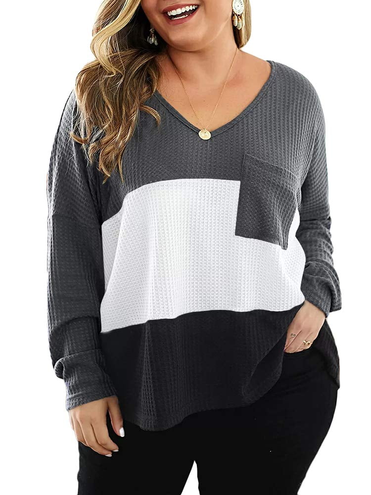 Womens Fall Color Block Long Sleeve Shirts Casual Plus Size Tops