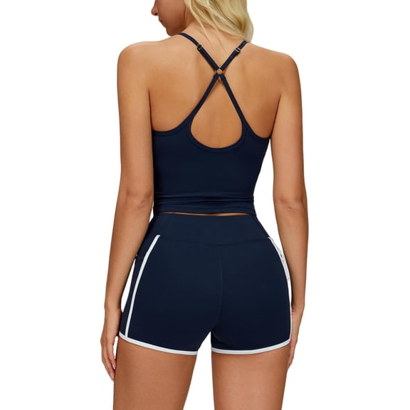 AEXTO Two Piece Workout Sets For Women Crop Top and High Waist Color Block Shorts Gym Yoga Active Outfits with Pockets
