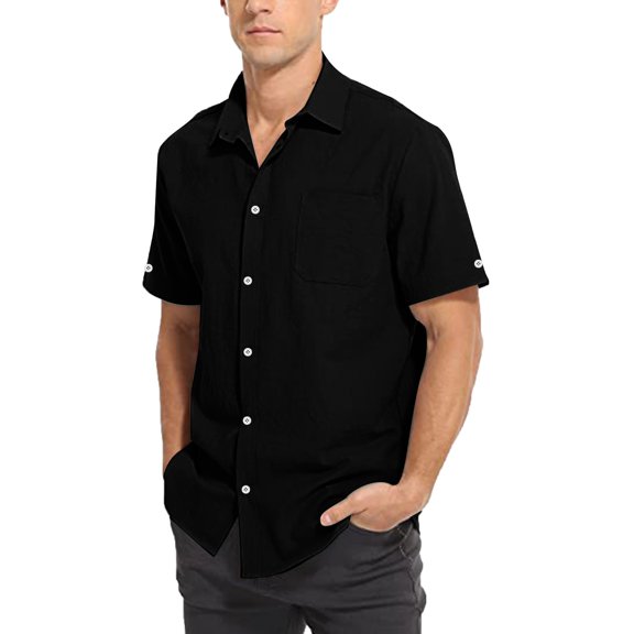 KaLI_store Mens Shirts Men's Short Sleeve Dress Shirts with Pocket Casual Button Down Shirts -Free Business Shirt Black,XXL