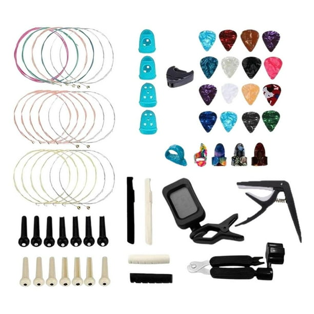 Wartleves Kit de accesorios para guitarra de 48 a 66 piezas, herramienta para cambiar cuerdas, capo y afinador