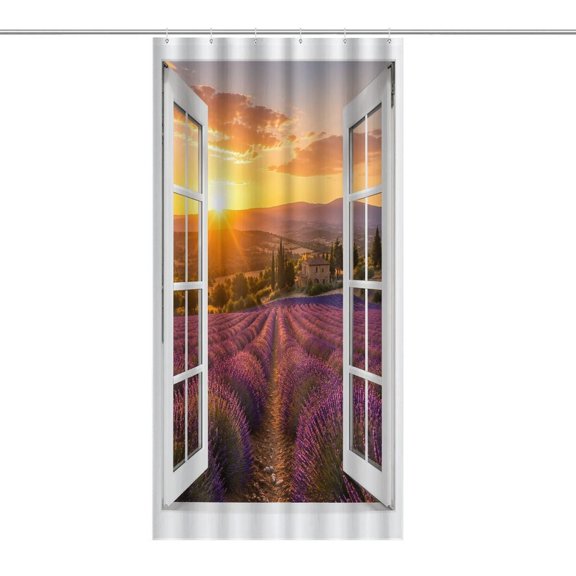RKSupls Waterproof Shower Curtain, Lavender Field Sunset Window View Polyester Shower Curtain with Hooks for Chic Elegant Home Bathtub Bathroom Decor Washable