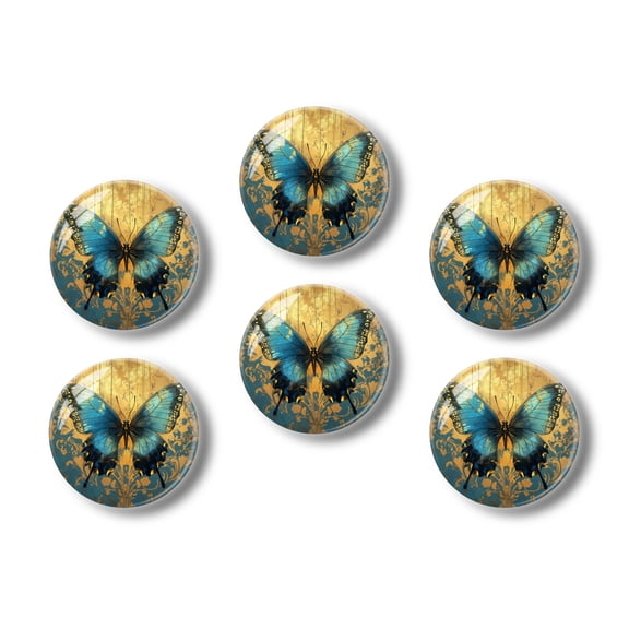 Glass Refrigerator Magnet 6Pcs Magnetic Fridge Sticker,Decor for Kitchen,Whiteboard,Cabinet,Blue Butterfly On Ornate Background