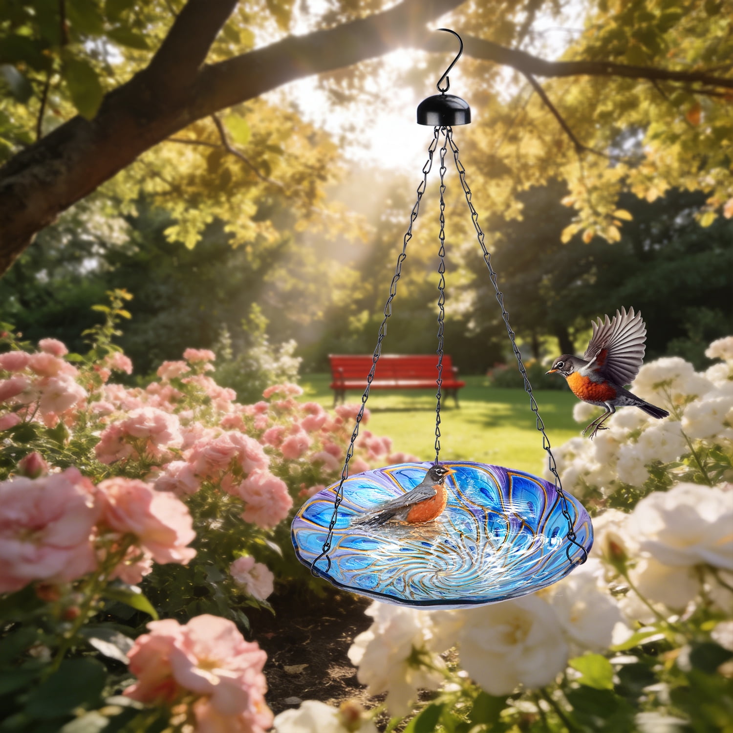 11 inch Hanging Bird Bath Glass BirdBath Peacock Outdoor Birdfeeder for Garden Yard Decoration