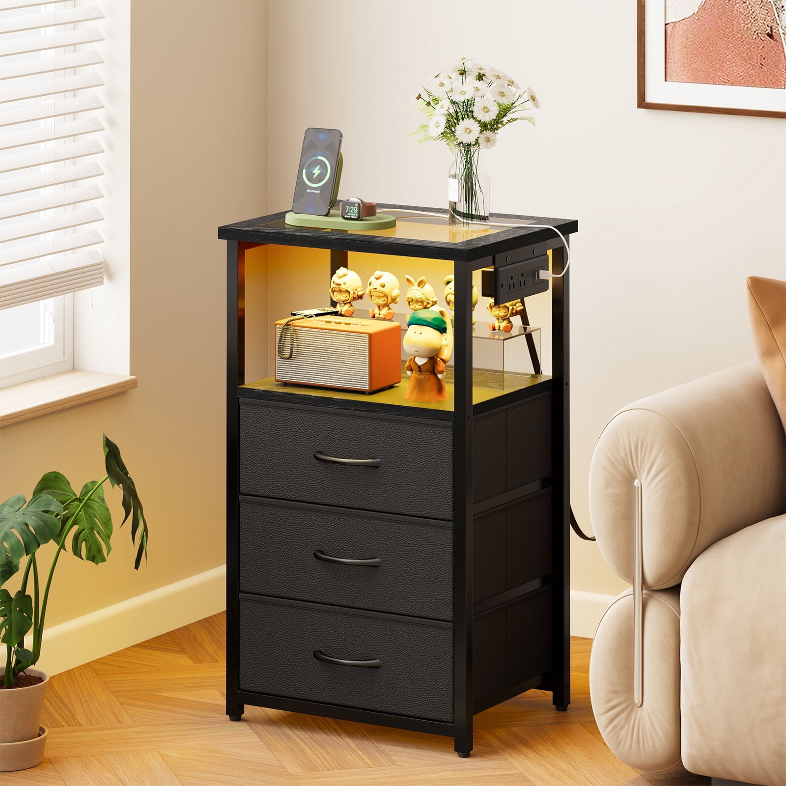 Tomnk Modern Nightstand with LED Lights & Charging Station, Side Table with Tempered Glass Top, USB Ports & Power Outlets, 3 Fabric Drawers for Bedroom, Living Room, Black
