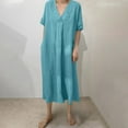 thumbnail image 7 of Casual Loose Dress for Women V Neck Cotton Linen Midi Dress with Pockets Comfy Summer Lounge Sleepwear Outfit, 7 of 7