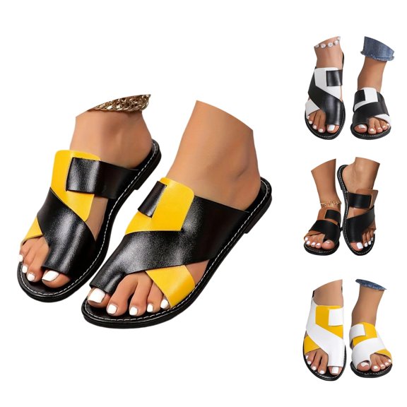 oqasdz Slippers for Women Fashion Open Toe Flat Slippers Soft Elegant Thin Strap Low Heel Patchwork Color Sandals for Summer Casual,Yellow