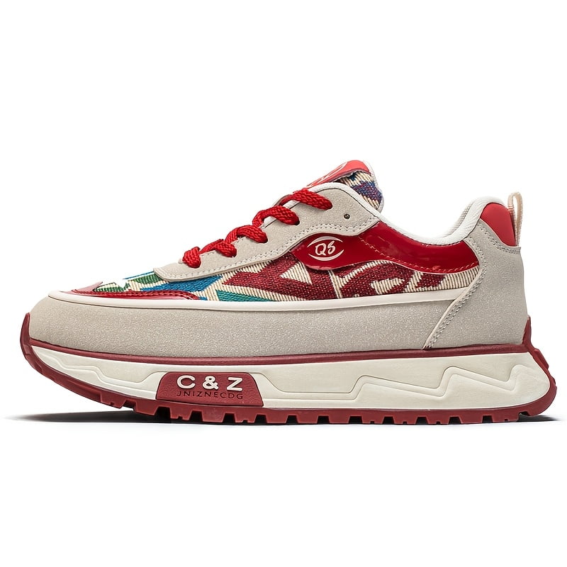 A Pair of Fashionable Men'S Sports Shoes | Casual All-season Hiking Shoes with Traditional Ethnic Plaid & Round Toe Design Lace-up, Breathable Fabric Upper, Rubber Sole, Non-slip Durable Outdoor ，