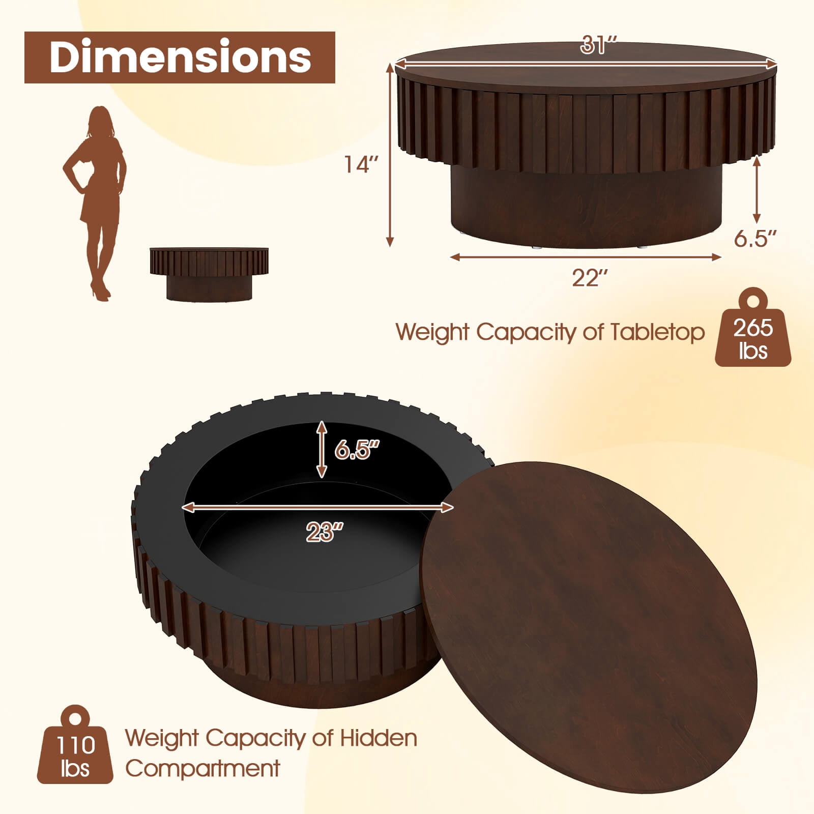 Costway Round Coffee Table with Storage, Wooden Drum Coffee Table with Hidden Compartment Walnut