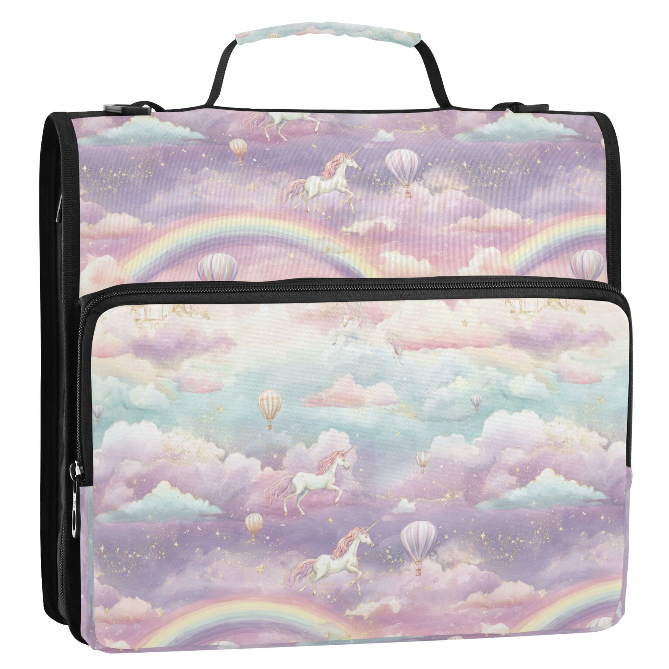 Zipper Binder Cute Unicorn 1.5 Inch Binder Folder Bag with Shoulder Strap and Handle
