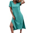 thumbnail image 2 of Solid Color Women V Neck Short Sleeved Casual Side Slit Dress, 2 of 4