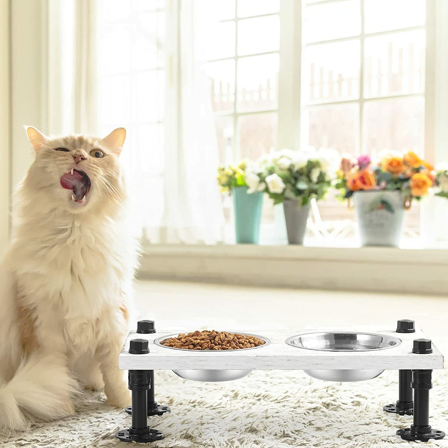 Rustic Wood & Industrial Metal Double Pet Dog Cat Feeder with Stand,Dog