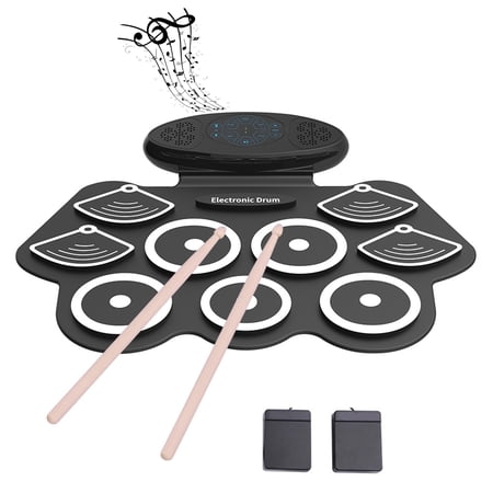 Eccomum 9 Pads Electronic Drum Set, Roll Up MIDI Drum Practice Drum Pad Kit with Dual Built-in Speakers, Drum Sticks and Kick Pedals for Kids, Adults and Beginners