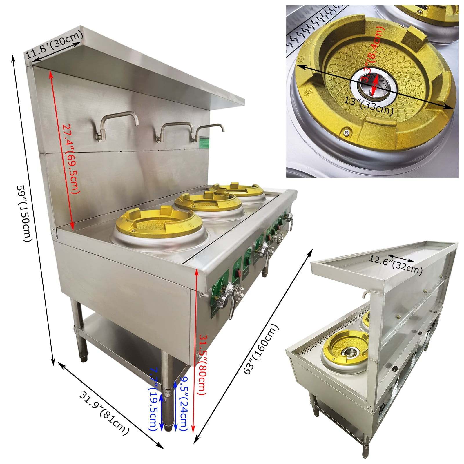13" LPG and Natural Gas Chamber Triple Burner Open Style Commercial Gas Wok Three-head Gas Stove