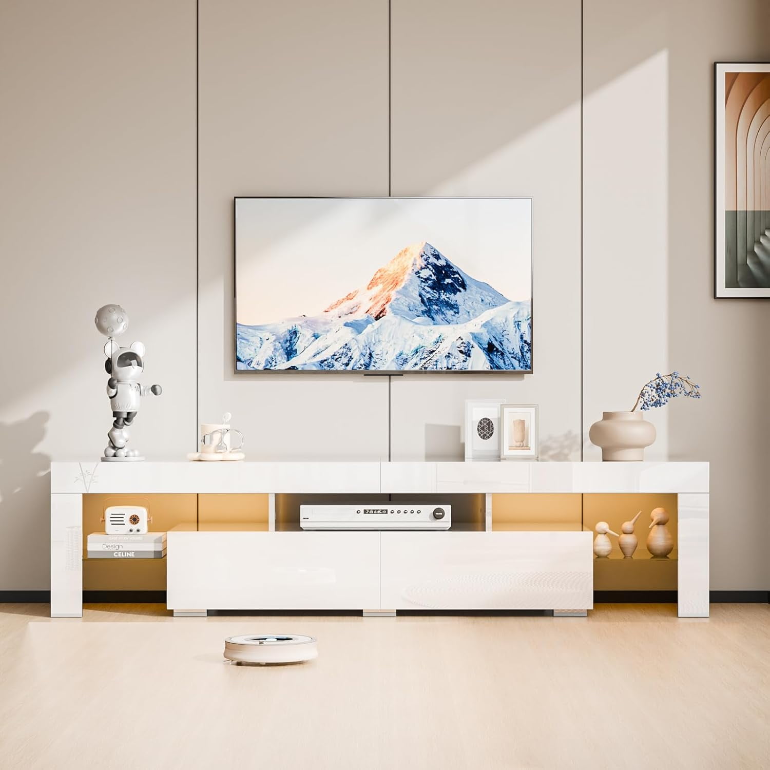VINGLI LED TV Stand, 63'' High Glossy Modern Entertainment Center with LED Lights and Storage for 55/60/65/70 Inch TV (White, 63'' x 14'' x 18'')