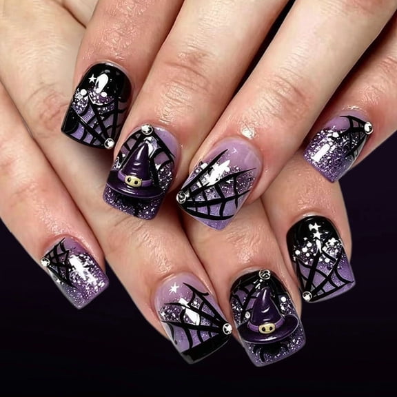Halloween Nails Halloween Press on Nails Short Square False Nails Witch Web Fake Nails Spooky Bat Pumpkin Glue on Nail Scary Halloween Nails Pink Acrylic Nail for Halloweens Party Manicure 24Pcs