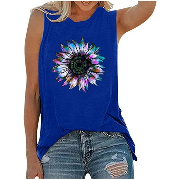lcziwo Women Tank Tops 2024,Tank Top for Women Sunflower Sleeveless Graphic Tee Crewneck Summer Beach Vacation Vest,Blue,L