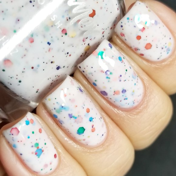 Esmalte de uñas con purpurina blanca Oh Splat con purpurina arcoíris, botella de tamaño completo de 0,5 oz