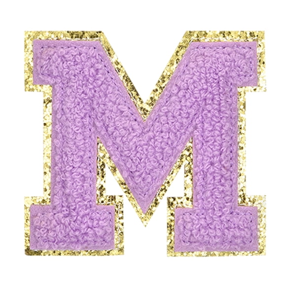 Uxcell Letter Iron-on Patches, 2.2" Chenille Letter-M Initial Patches Golden Edge Alphabet Embroidery Applique with Adhesive Sticker for Clothing Repair Decor, Purple