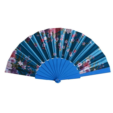 

XIUH Chinese Style Dance Wedding Party Lace Silk Folding Hand Held Flower Fan 2023 Sky Blue