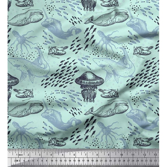 Soimoi Rayon Fabric Octopus,Whale & Jellyfish Ocean Print Fabric by The Yard 42 Inch Wide