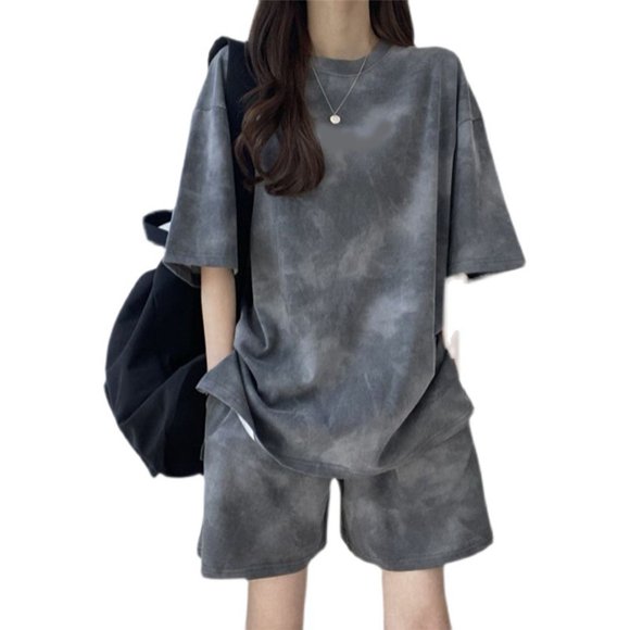 Conjunto de ropa deportiva para mujer Nikou elegante camiseta de manga corta pantalones cortos hasta la rodilla gris L