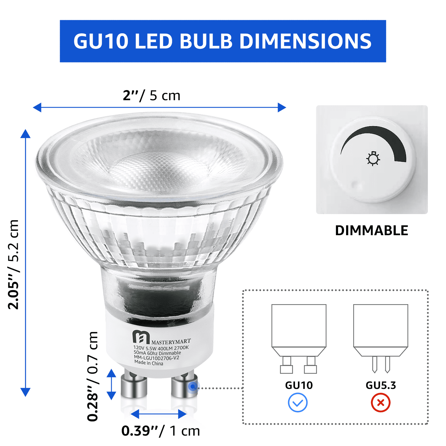 Mastery Mart Dimmable GU10 LED Light Bulbs, 50W Equivalent, 400LM, 2700K  Soft White, Lasts 25,000hrs, 6-pack