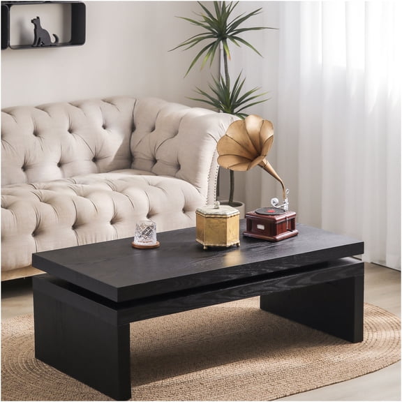 JERFIT Modern Industrial Coffee Table with Floating Top, Antique Black Engineered Wood Console Table for Living Room, Farmhouse Classic Design