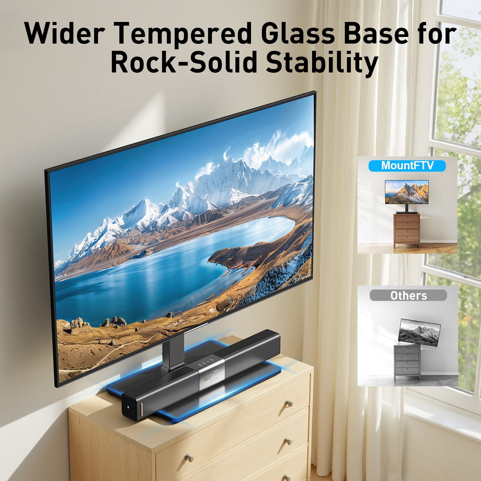 MountFTV Universal TV Stand with LED Lights for 32-70 inch TVs, Holds up to 88 lbs, Max 400x400mm, 9 Height Adjustable Table Top TV Stand Mount with 35° Swivel and 8° Tilt